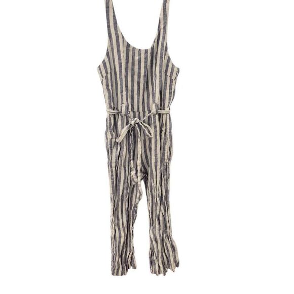 Rachel Zoe Women's White & Blue Linen Striped Romper with Pockets, Sash & Adjust - Picture 2 of 15